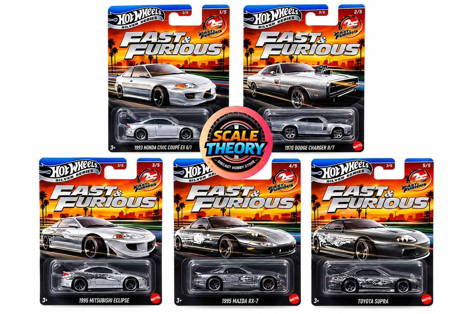 Hot Wheels - Fast & Furious - 25th Anniversary All-Silver Car Series - Set Of 5 Cars - 2026