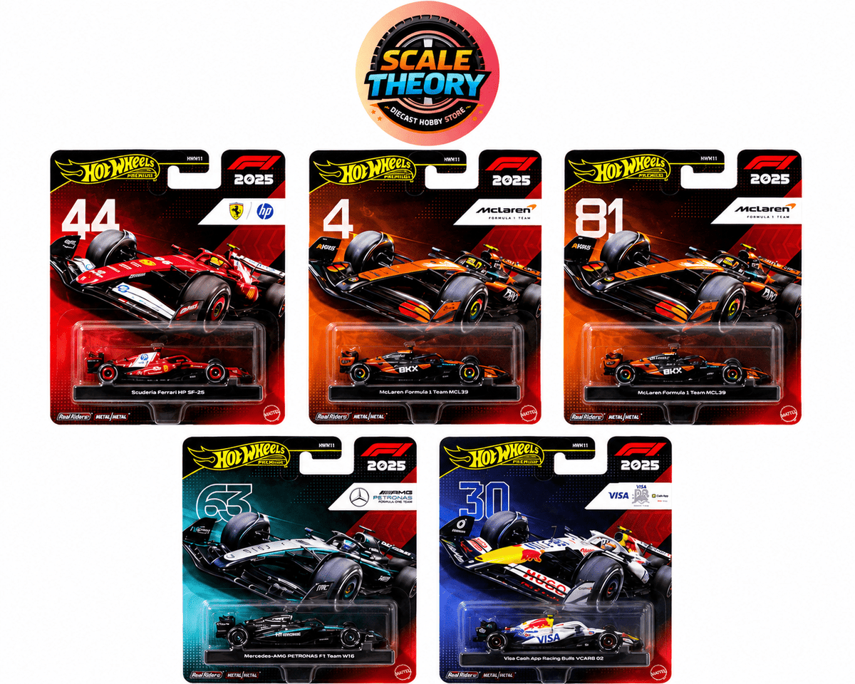 Hot Wheels - Formula 1 2025 - Premium Collection - Ferrari 44, McLaren 4, McLaren 81, Mercedes 63 & Racing Bulls 30 (Reseller Stock) - Scale-theory India