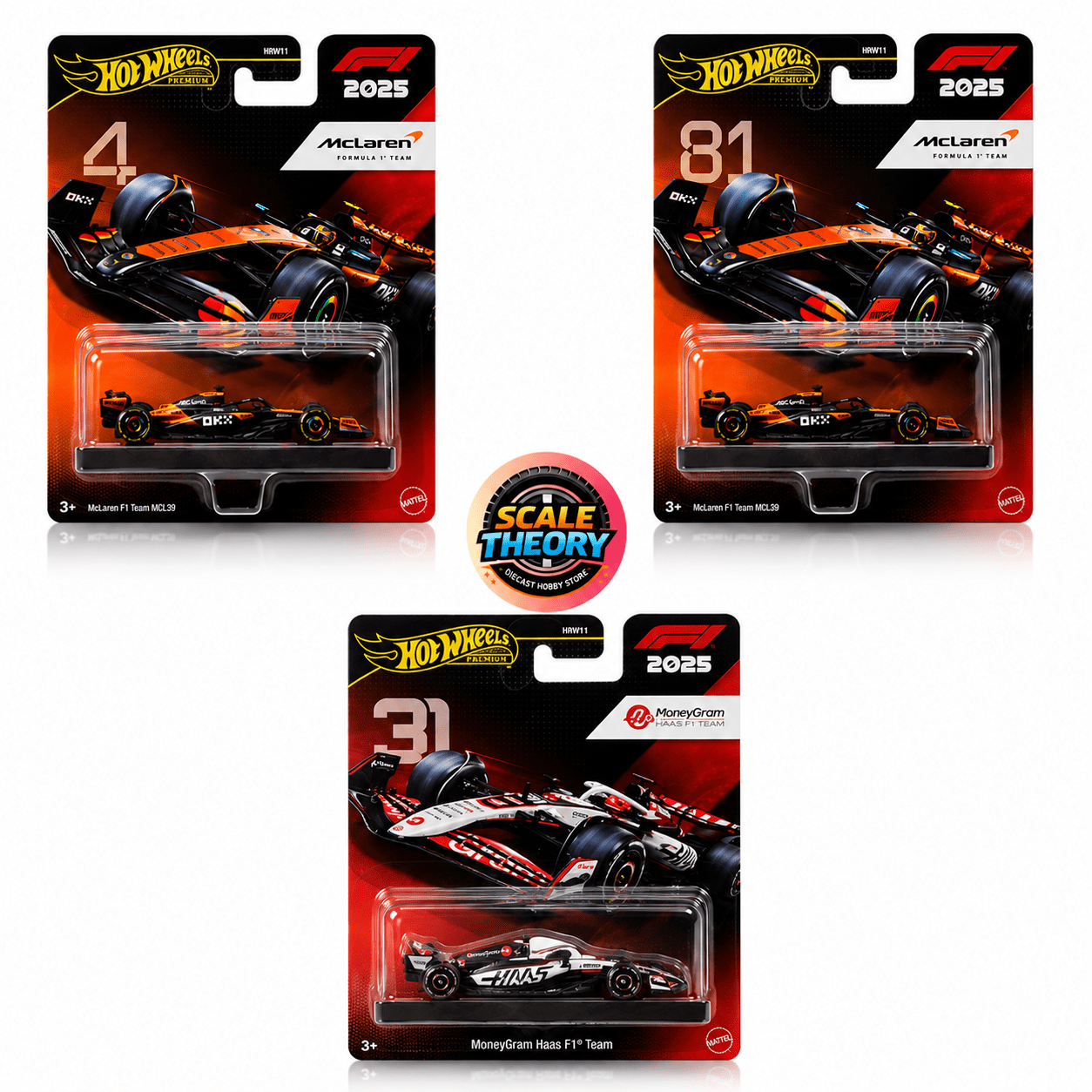 Hot Wheels - Formula 1 - Premium Car-Culture - McLaren 4, McLaren 81 & MoneyGram Haas 31 (Reseller) - Scale-theory India