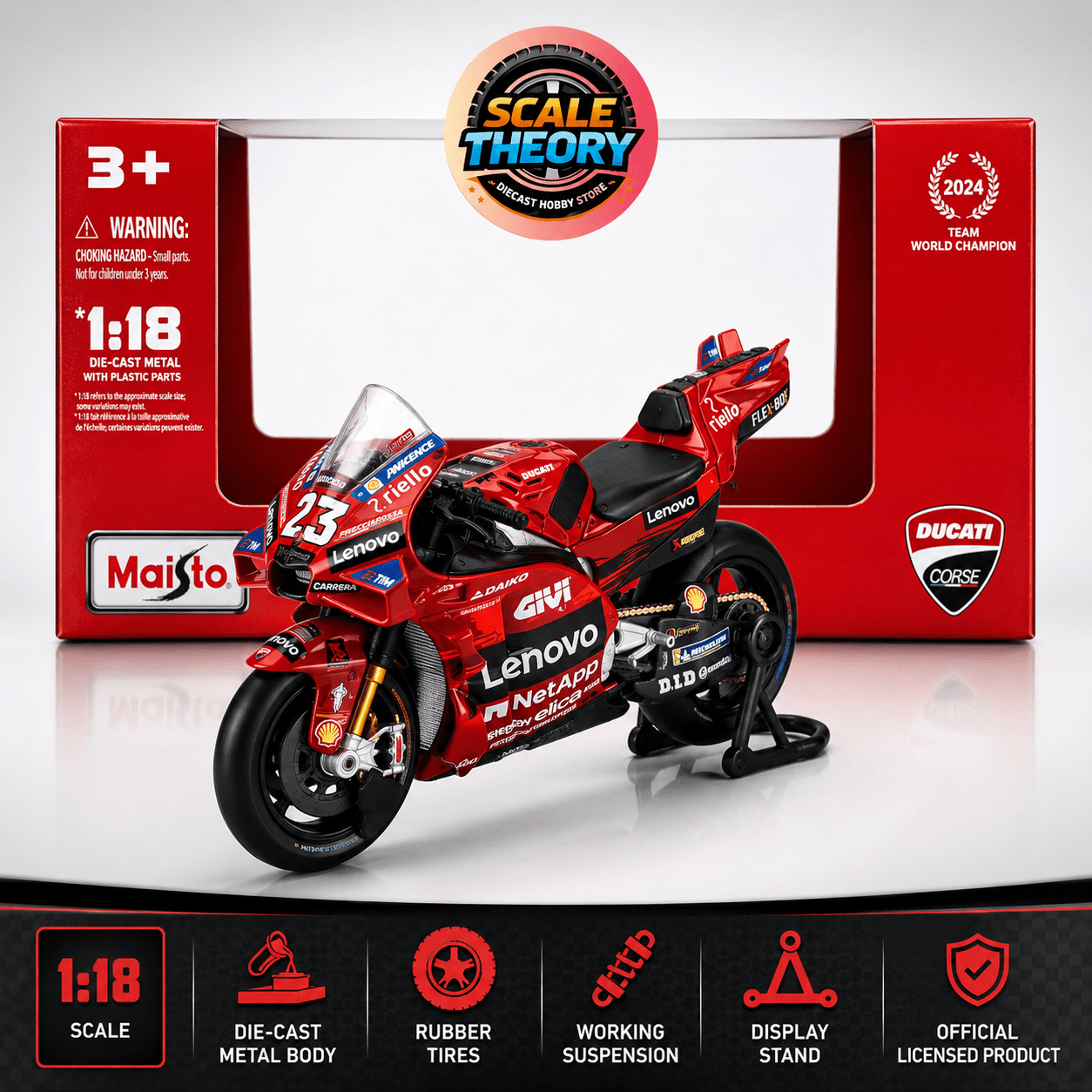 Maisto - 1/18 - Ducati - Desmosedici GP24 Team Lenovo N 23 MotoGP Season 2024 Enea Bastianini - Red - Scale-theory India